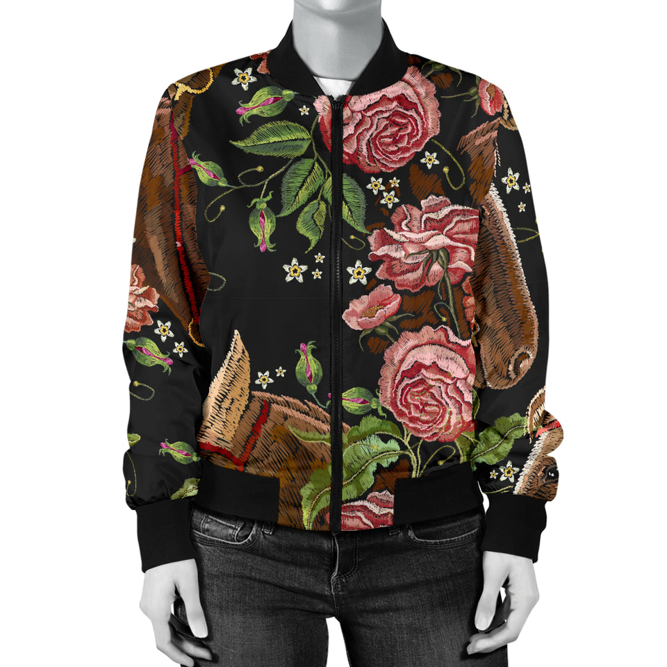 Horse Head Wild Roses Pattern Women'S Bomber Jacket