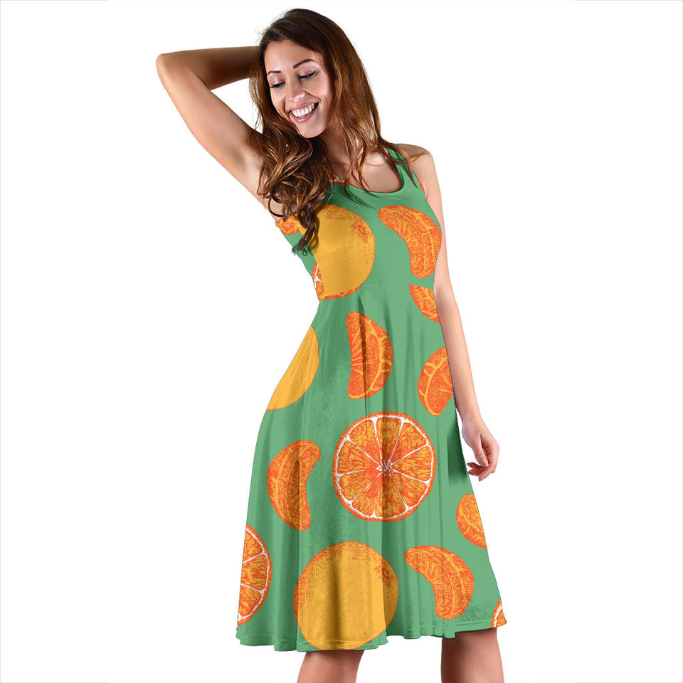 Orange Fruit Pattern Green Background Sleeveless Midi Dress