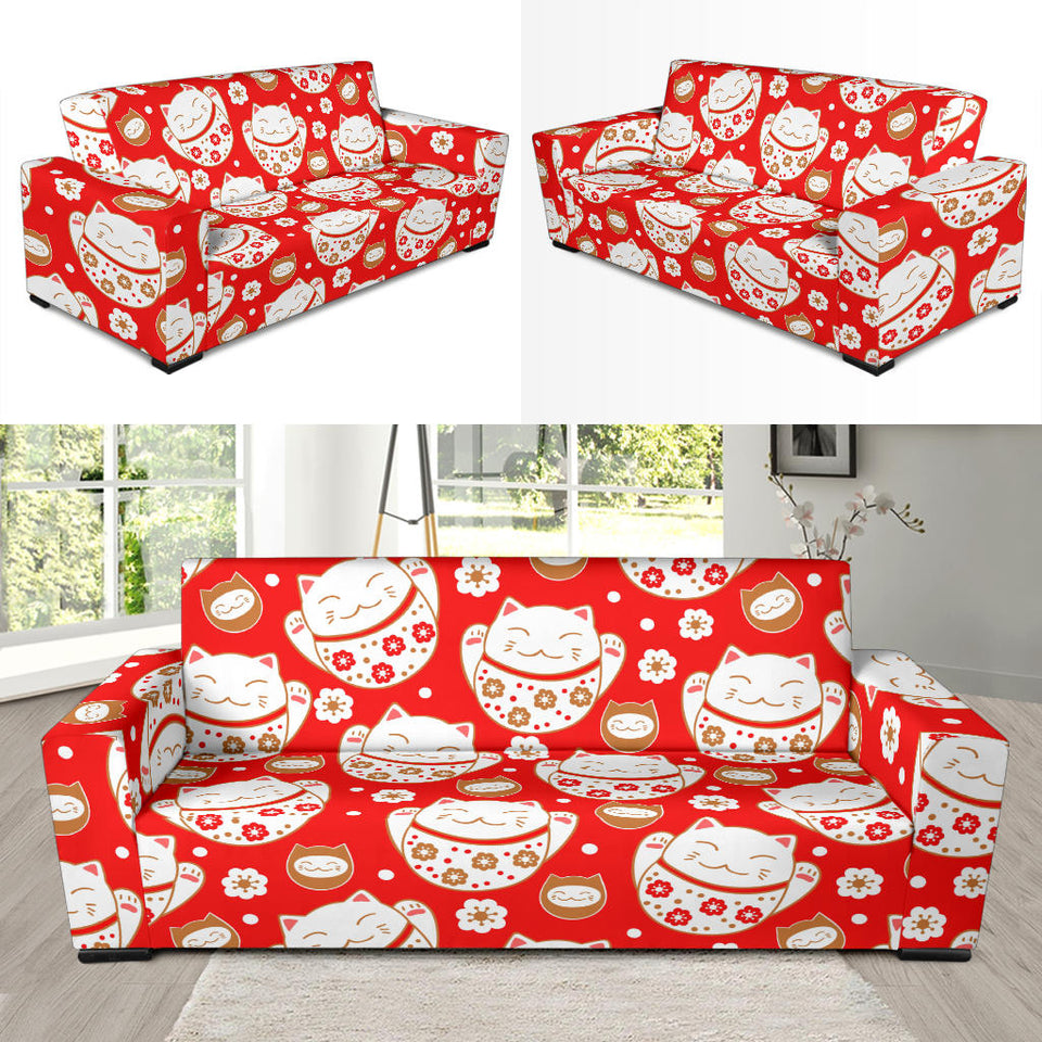 Cute Maneki Neko Lucky Cat Red Background Sofa Slipcover