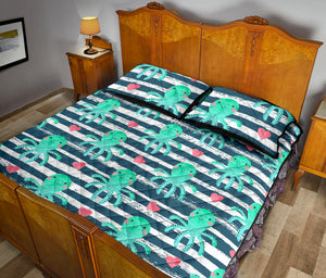 Cute octopuses heart striped background Quilt Bed Set