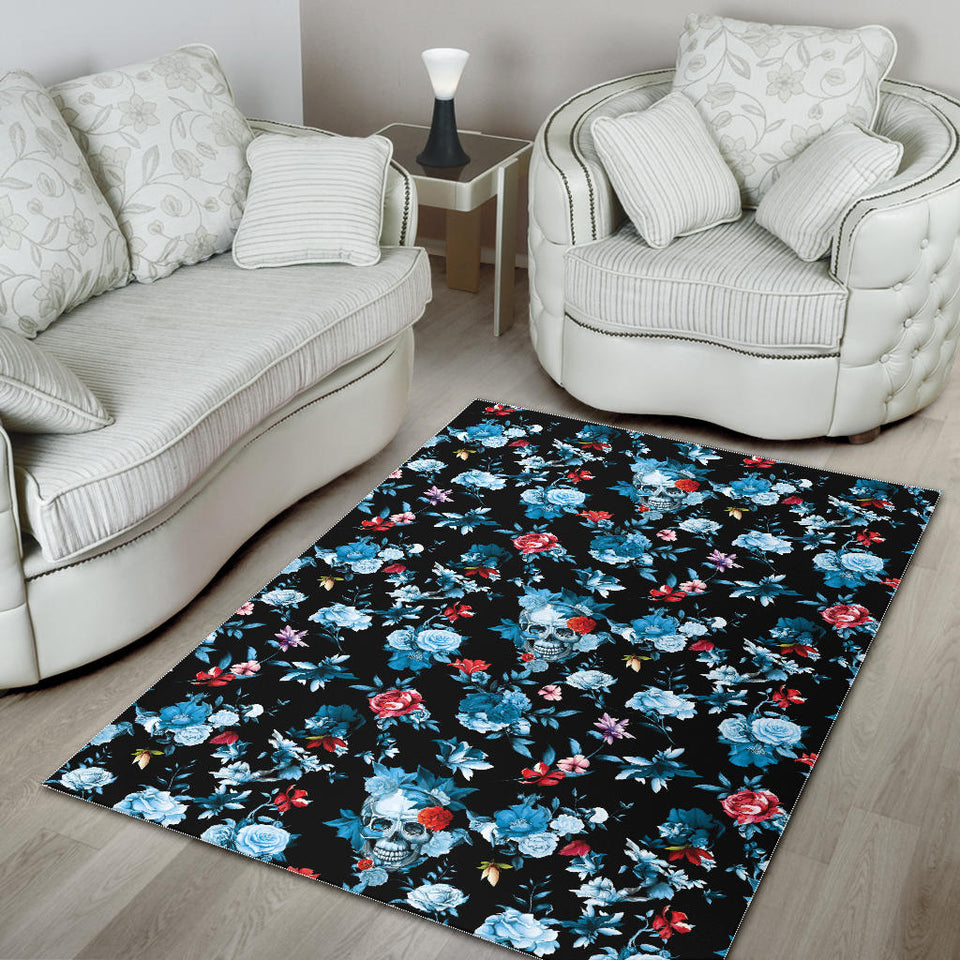 Skull Flower Roses Leave Pattern Area Rug