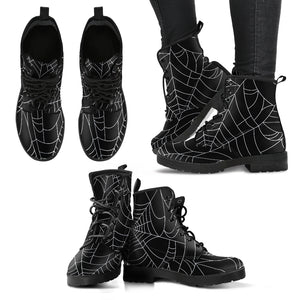 Spider Web Pattern Black Background White Cobweb Leather Boots