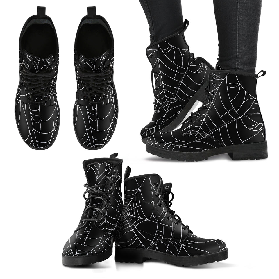 Spider Web Pattern Black Background White Cobweb Leather Boots