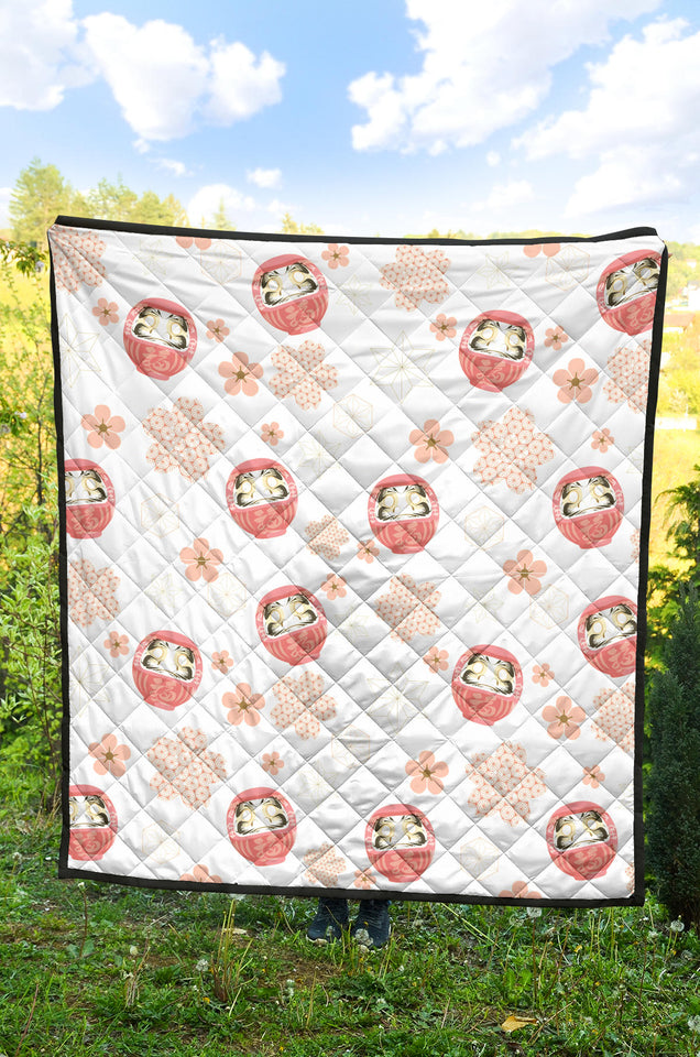 Daruma Japanese Wooden Doll Cherry Blossom Flower Pattern Premium Quilt