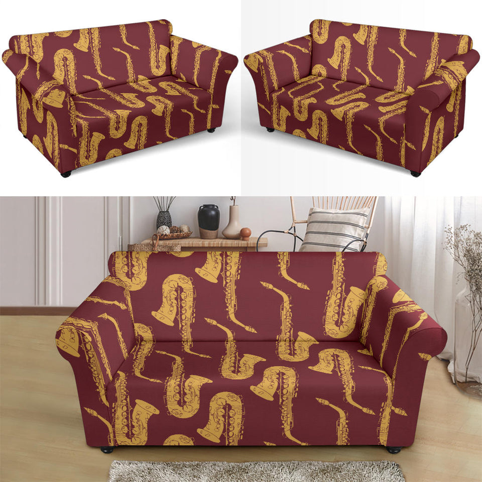 Hand Drawn Gold Saxophone Red Background  Loveseat Couch Slipcover