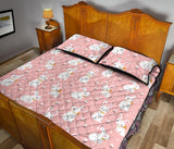 Cute white rabbit flower pink background Quilt Bed Set