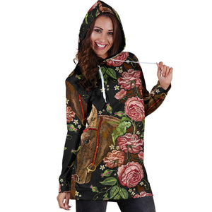Horse Head Wild Roses Pattern Women'S Hoodie Dress