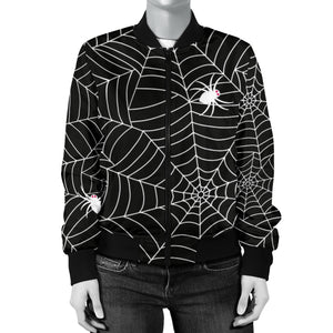 Spider Web Design Pattern Black Background White Cobweb Women'S Bomber Jacket