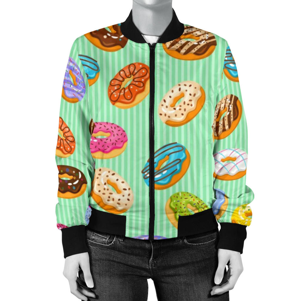 Colorful Donut Pattern Green Background Women'S Bomber Jacket