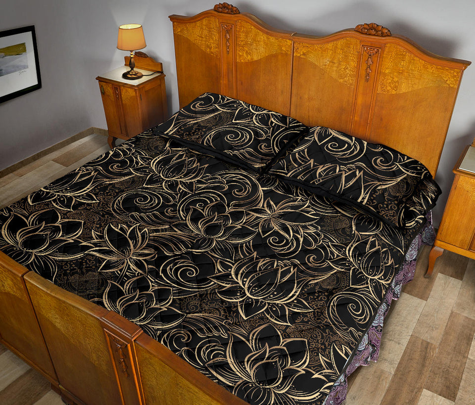luxurious gold lotus waterlily black background Quilt Bed Set
