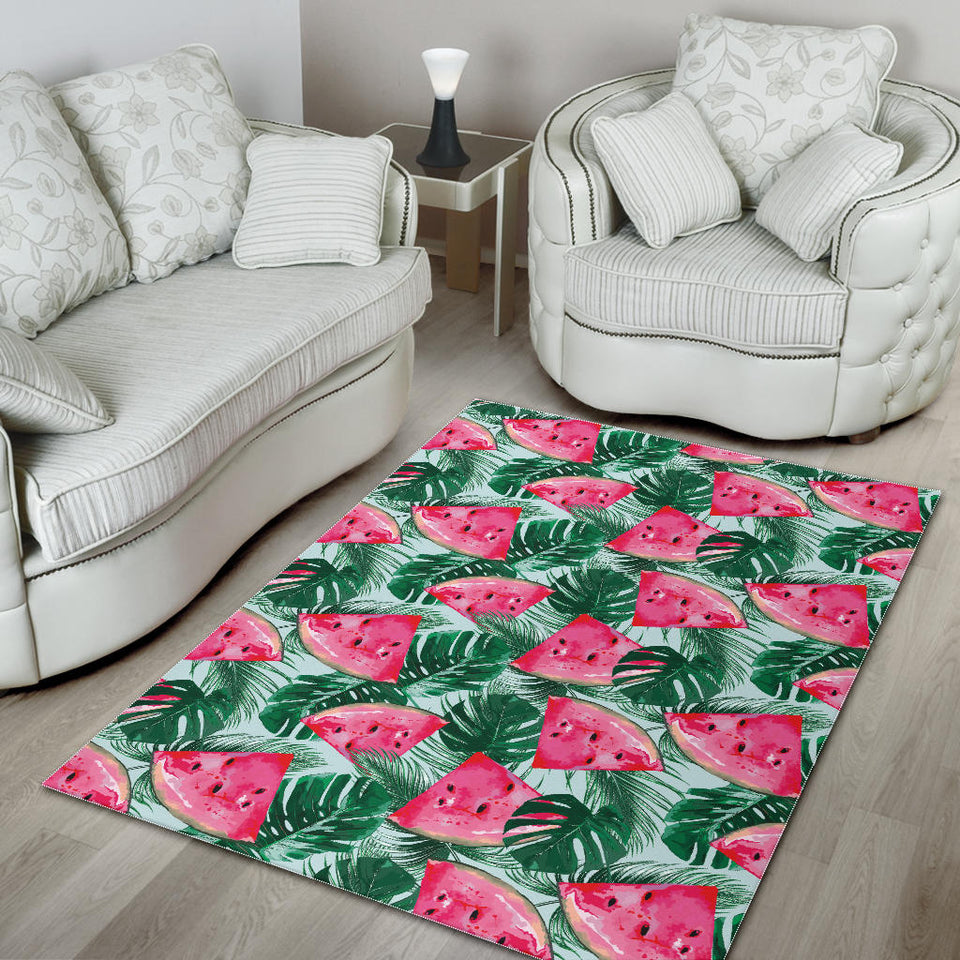 Watermelons Tropical Palm Leaves Pattern Area Rug