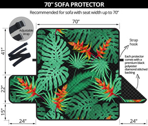 heliconia flower palm monstera leaves black background Sofa Cover Protector