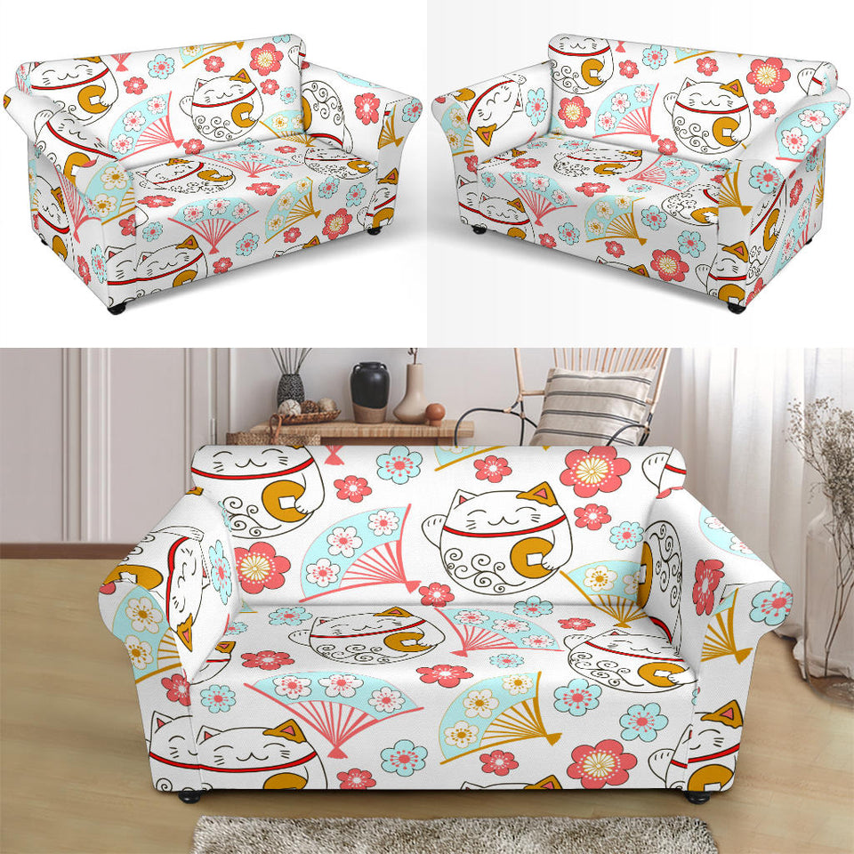 Maneki Neko Lucky Cat Fan Sakura Loveseat Couch Slipcover