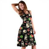 Raccoon Watermelon Pattern Sleeveless Midi Dress