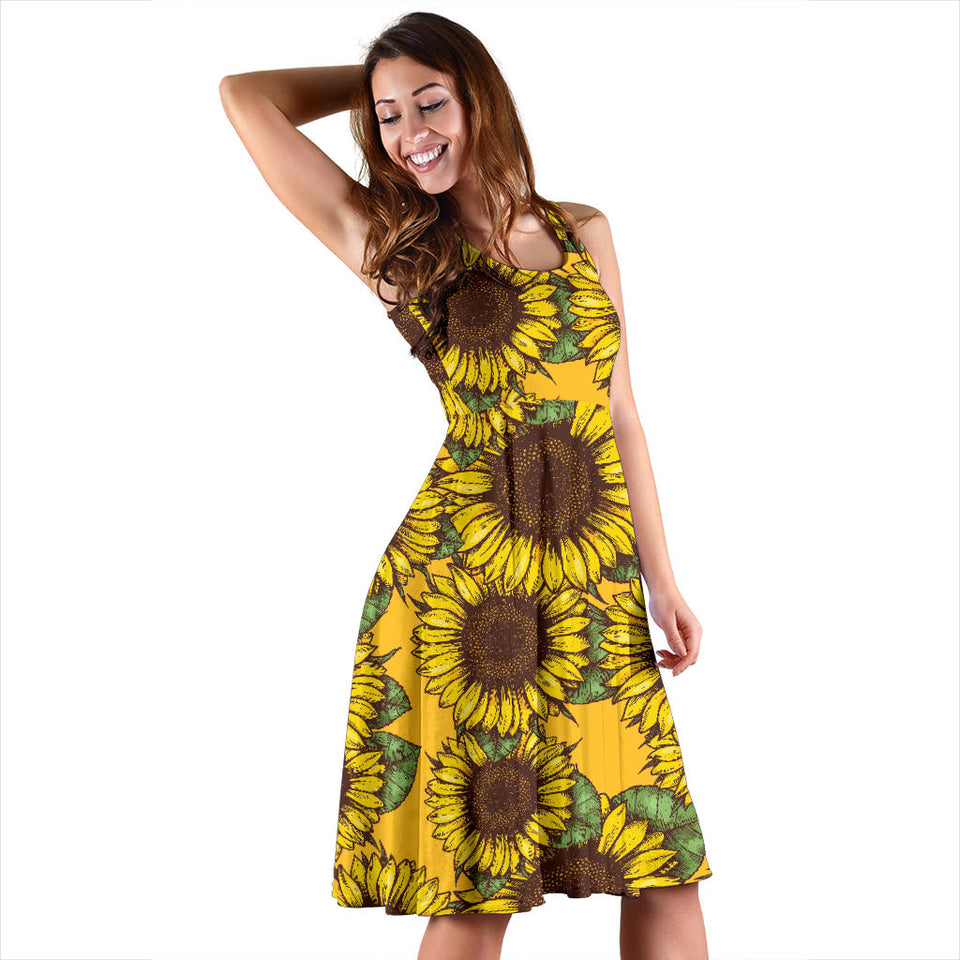 Sunflower Pattern Sleeveless Midi Dress