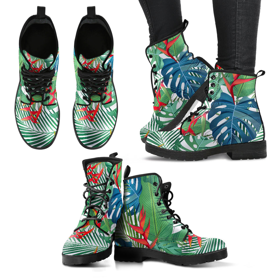 Heliconia Palm And Monstera  Leaves Pattern Leather Boots