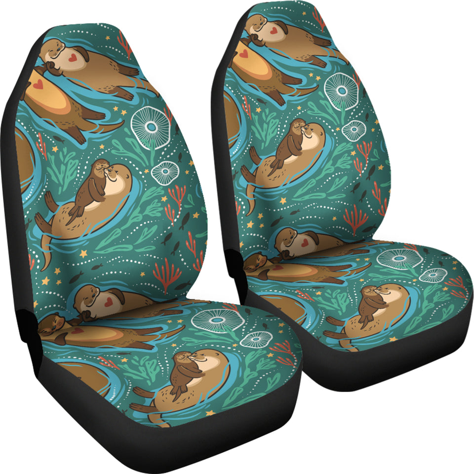 Cute Brown Sea Otters Ornamental Seaweed Corals Green Water Universal Fit Car Seat Covers
