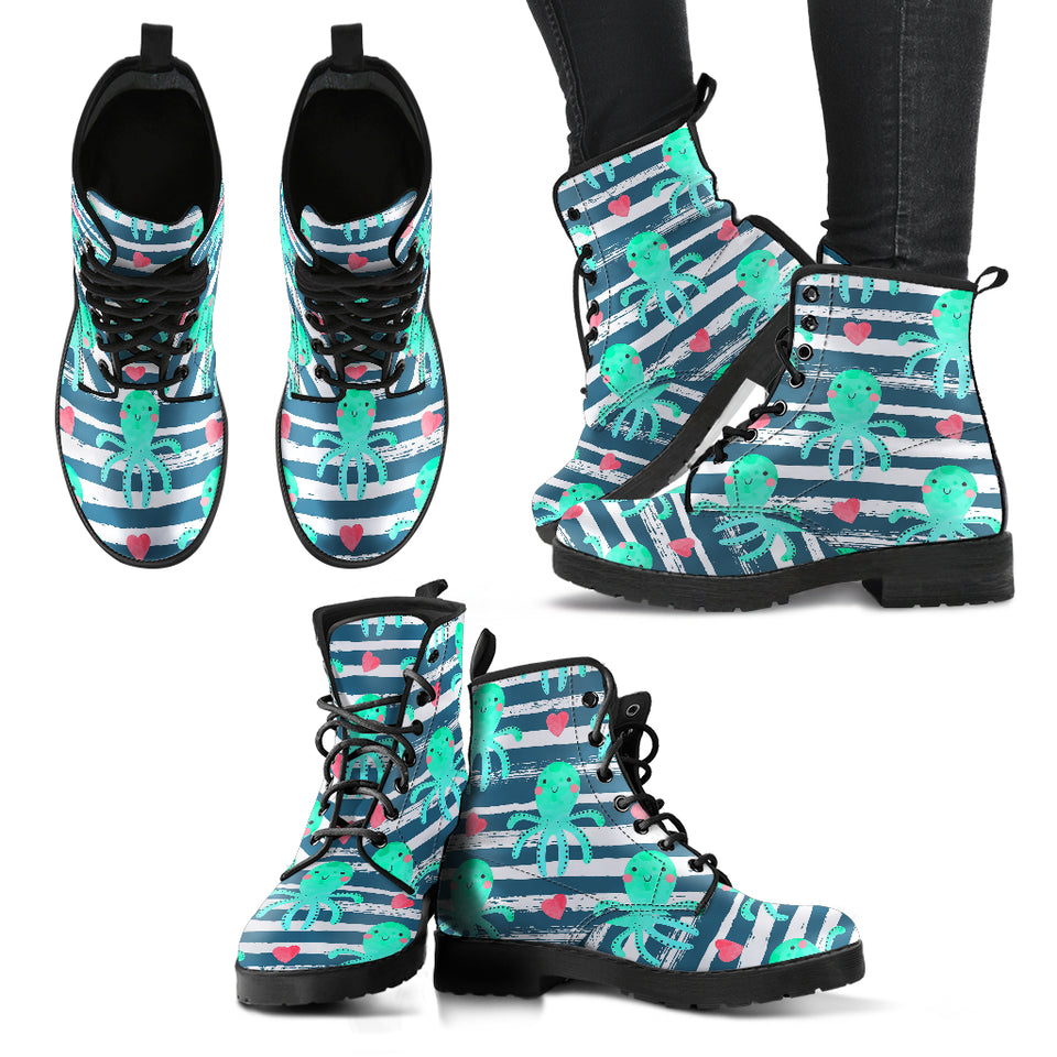 Cute Octopuses Heart Striped Background Leather Boots