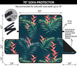 heliconia flowers, palm and monstera leaves on black background pattern Sofa Cover Protector