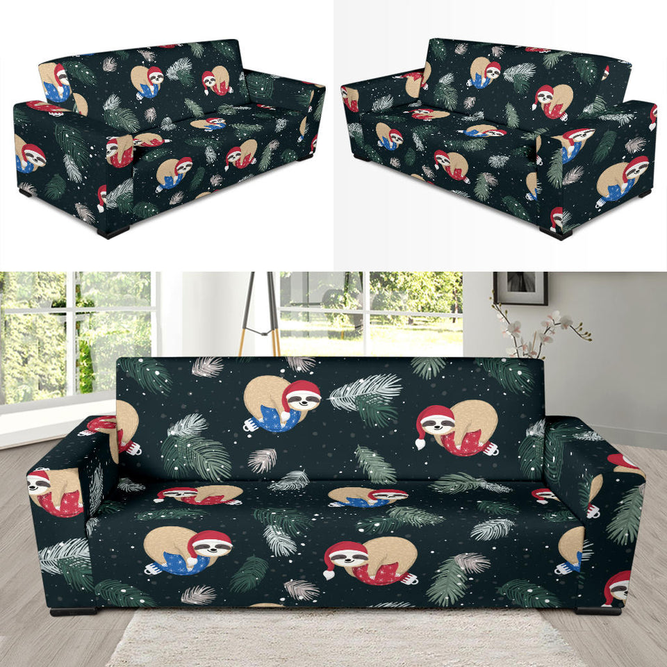 Cute Sloths Sleeping Christmas Ball Santa Hat Pattern Sofa Slipcover