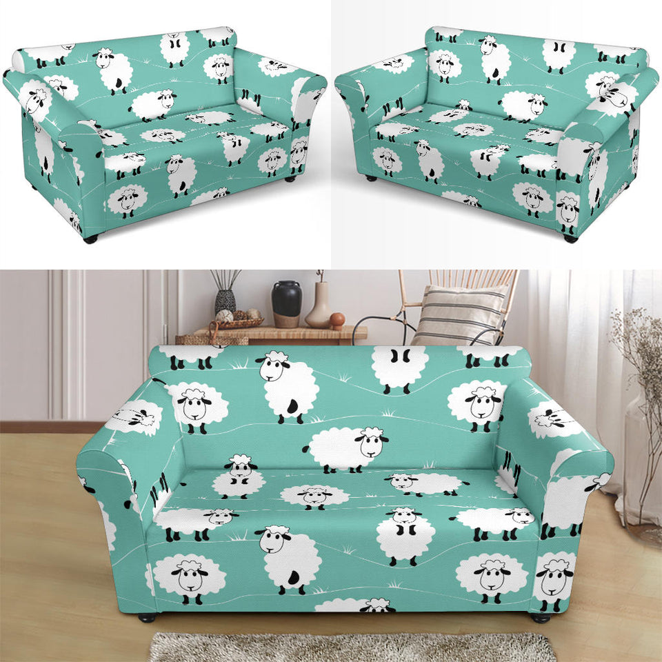 Cute Sheep Green Background Loveseat Couch Slipcover