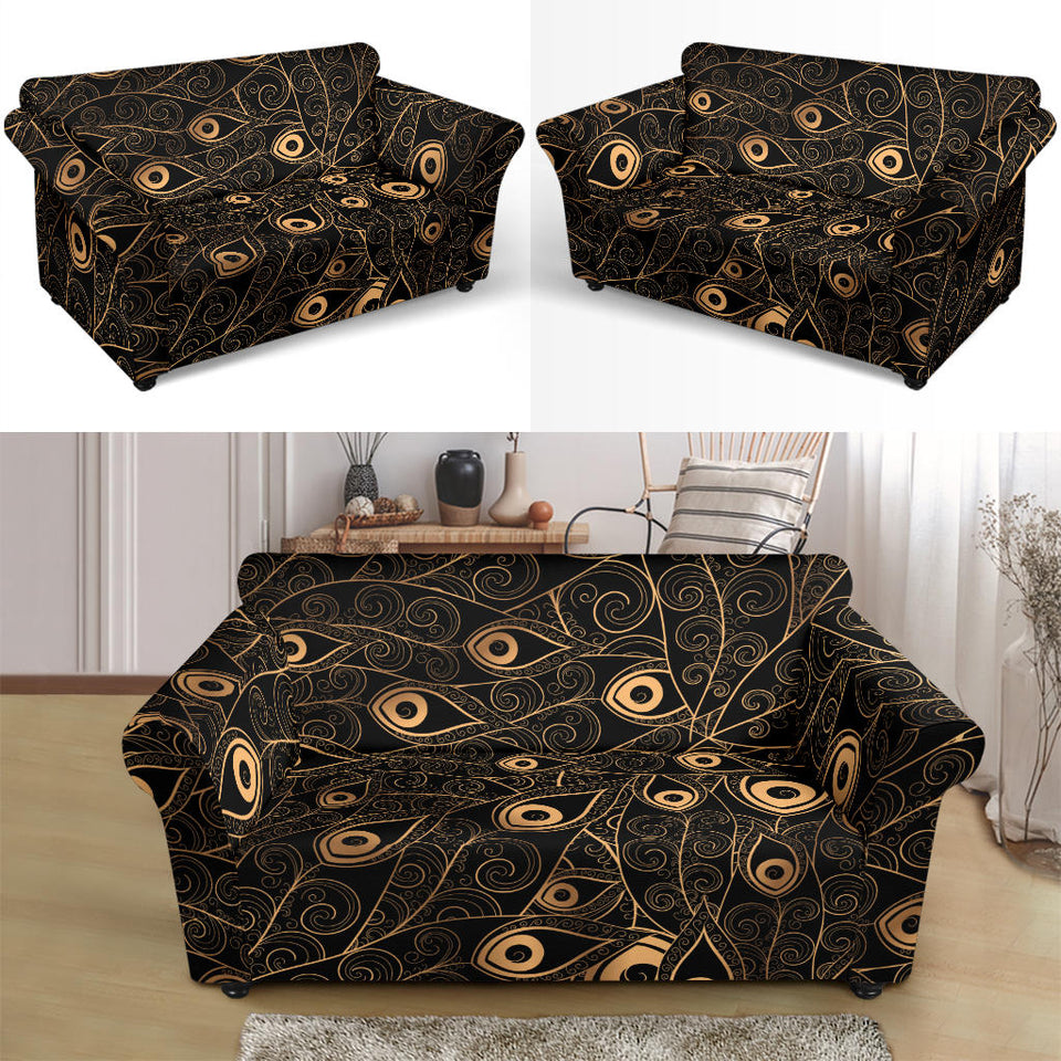 Gold Peacock Feather Pattern Loveseat Couch Slipcover