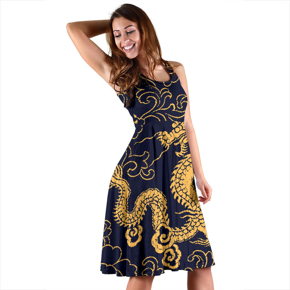 Gold Dragon Pattern Sleeveless Midi Dress