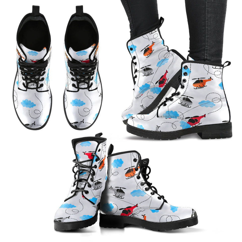 Watercolor Helicopter Cloud Pattern Leather Boots