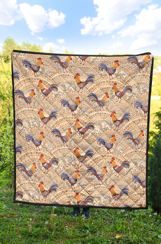 Cute Rooster Chicken Cock Floral Ornament Background Premium Quilt