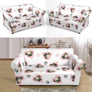 Cute Pugs Pink Heart Paw Pattern Loveseat Couch Slipcover