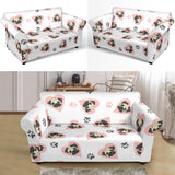 Cute Pugs Pink Heart Paw Pattern Loveseat Couch Slipcover