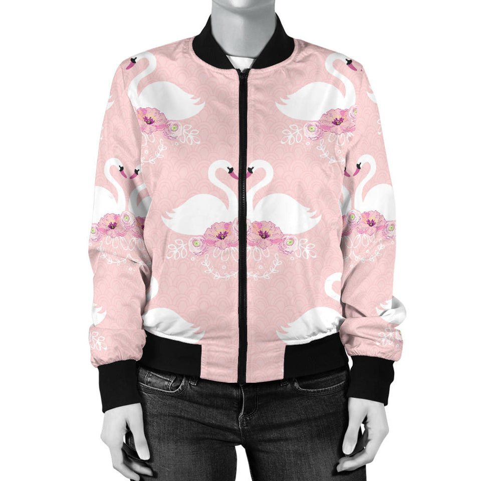 White Swan And Flower Love Pattern Women'S Bomber Jacket