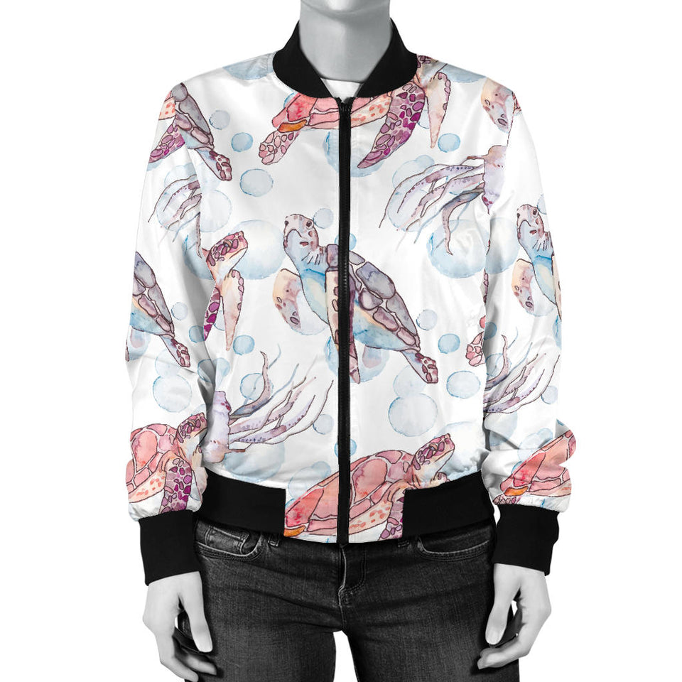 Watercolor Sea Turtle Jellyfish Pattern Women'S Bomber Jacket
