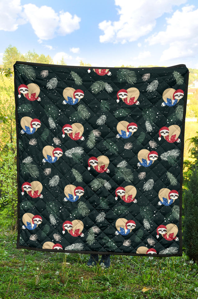 Cute Sloths Sleeping Christmas Ball Santa Hat Pattern Premium Quilt