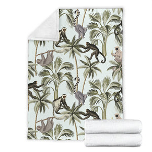 Monkey Sloth Lemur Palm Trees Pattern Premium Blanket