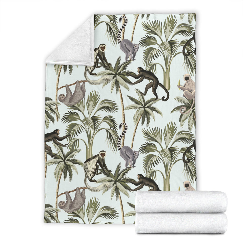 Monkey Sloth Lemur Palm Trees Pattern Premium Blanket