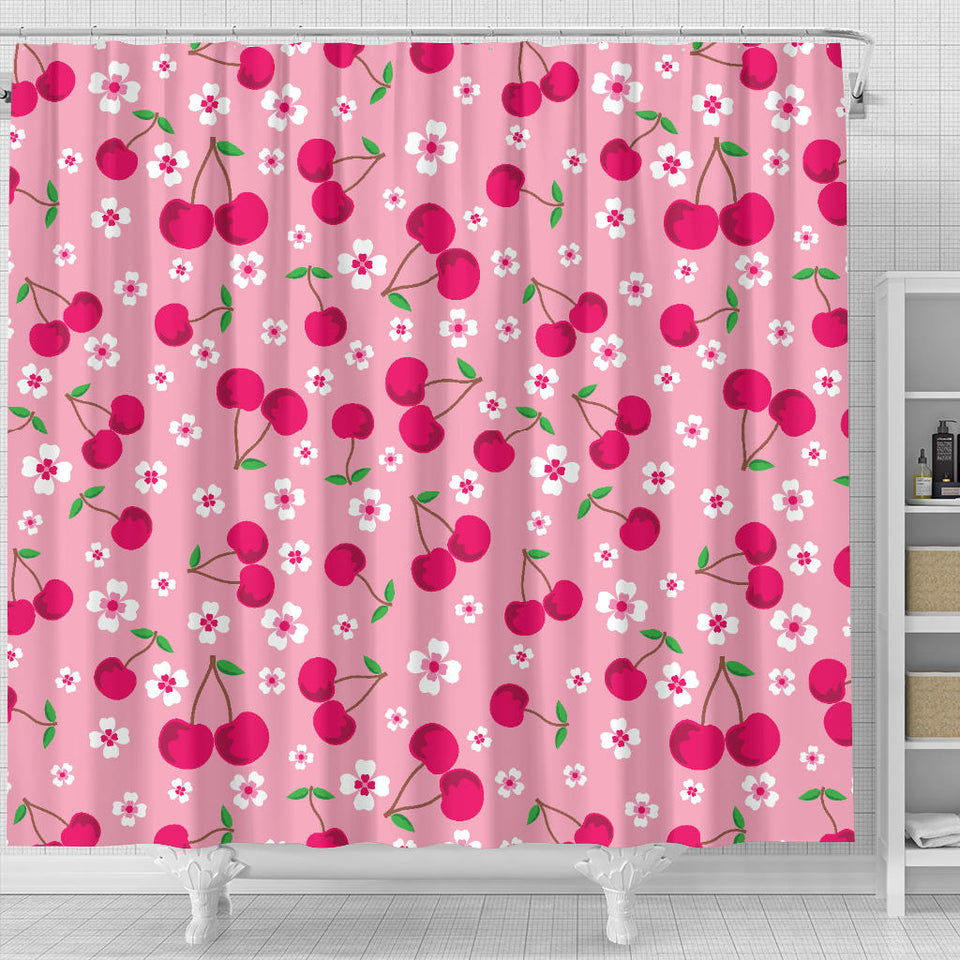 Cherry Flower Pattern Pink Background Shower Curtain Fulfilled In US