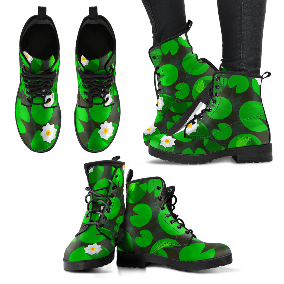 Frog Waterlily Pattern Leather Boots