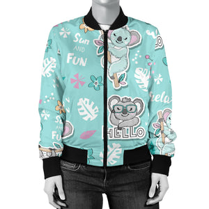 Cute Koalas Blue Background Pattern Women'S Bomber Jacket