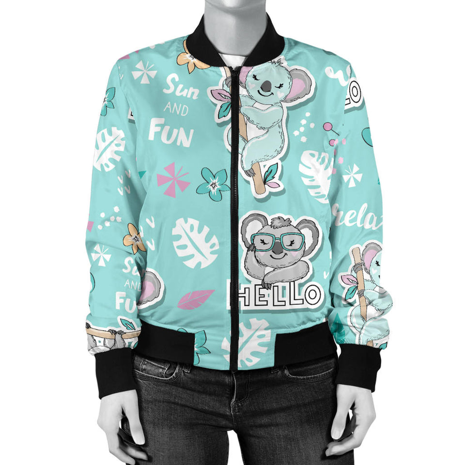 Cute Koalas Blue Background Pattern Women'S Bomber Jacket