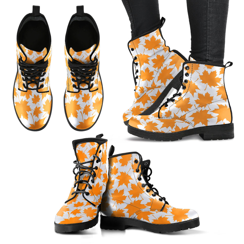 Orange Maple Leaf Pattern Leather Boots