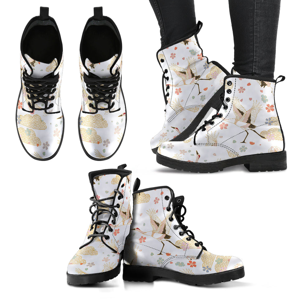 Beautiful Japanese Cranes Pattern Leather Boots
