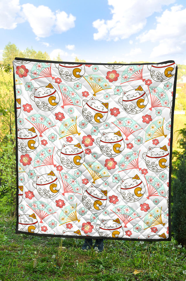 Maneki Neko Lucky Cat Fan Sakura Premium Quilt