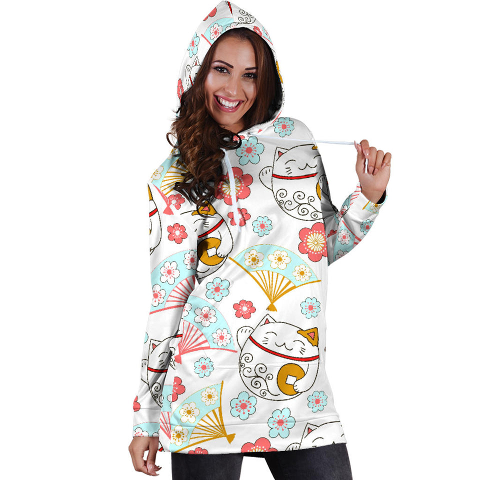 Maneki Neko Lucky Cat Fan Sakura Women'S Hoodie Dress
