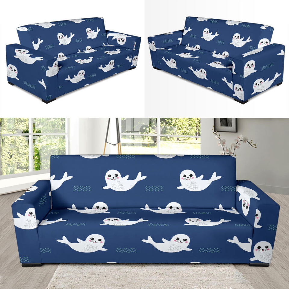 Cute White Baby Sea Lion Seal Pattern Sofa Slipcover