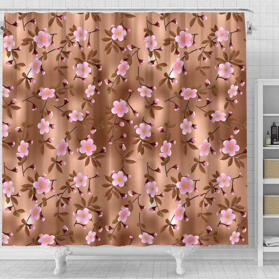 Pink Sakura Cherry Blossom Drak Brown Background Shower Curtain Fulfilled In US