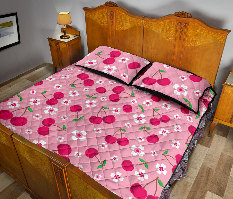 cherry flower pattern pink background Quilt Bed Set