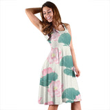 Pink Lotus Waterlily Leaves Pattern Sleeveless Midi Dress