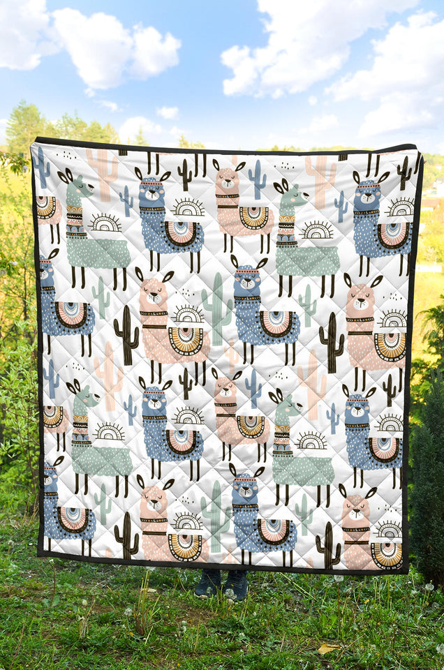 Lama Alpaca Cactus Hand Drawn Pattern Premium Quilt