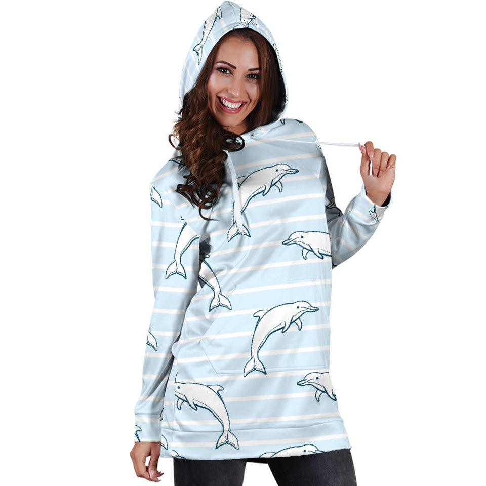 Dolphin Blue Striped Background Women'S Hoodie Dress
